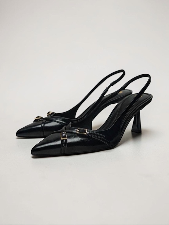 Zara Shoes - 🖤 Zara Patent Slingback Kitten Heels Pointed Toe Buckle Black Size 37